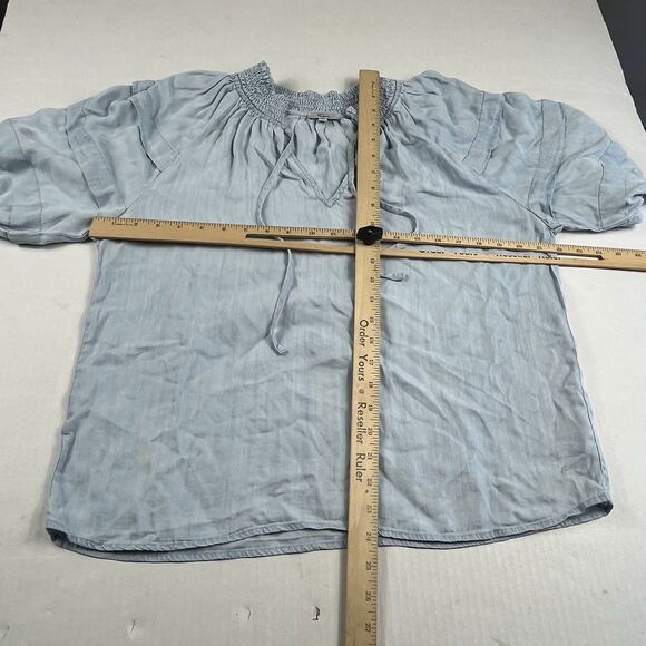 Rails Chambray Blue Puff Sleeve Blouse Smocked Neck Boho Soft Casual Top Medium - Picture 6 of 11